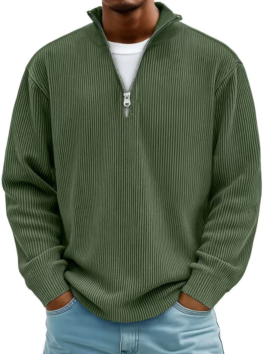 Baptiste | Pull Homme Côtelé Demi-Zip Coupe Décontractée - Vert
