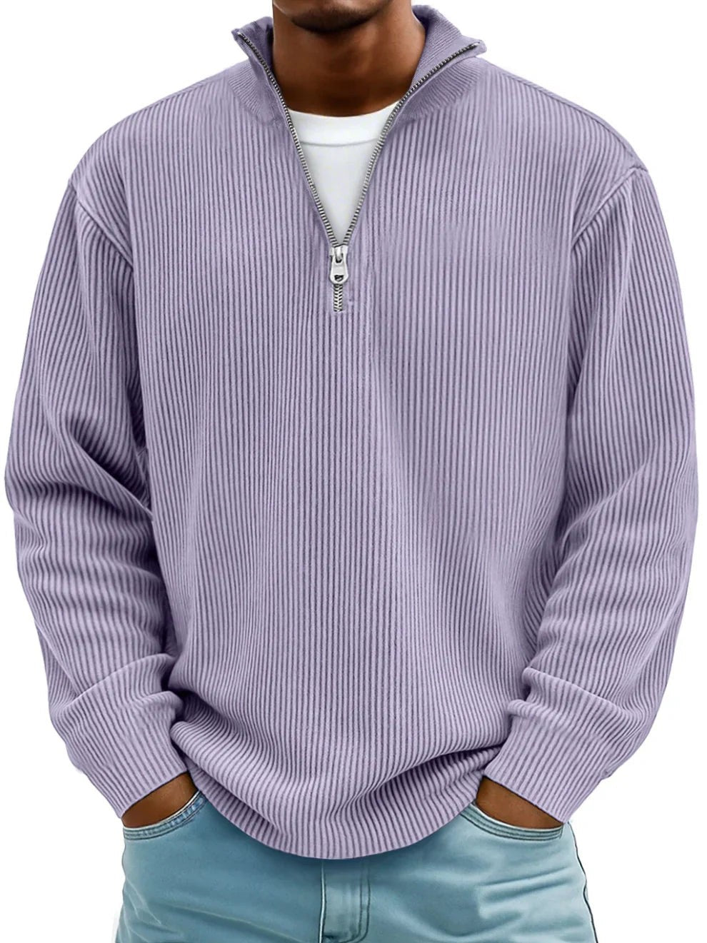 Baptiste | Pull Homme Côtelé Demi-Zip Coupe Décontractée - Violet