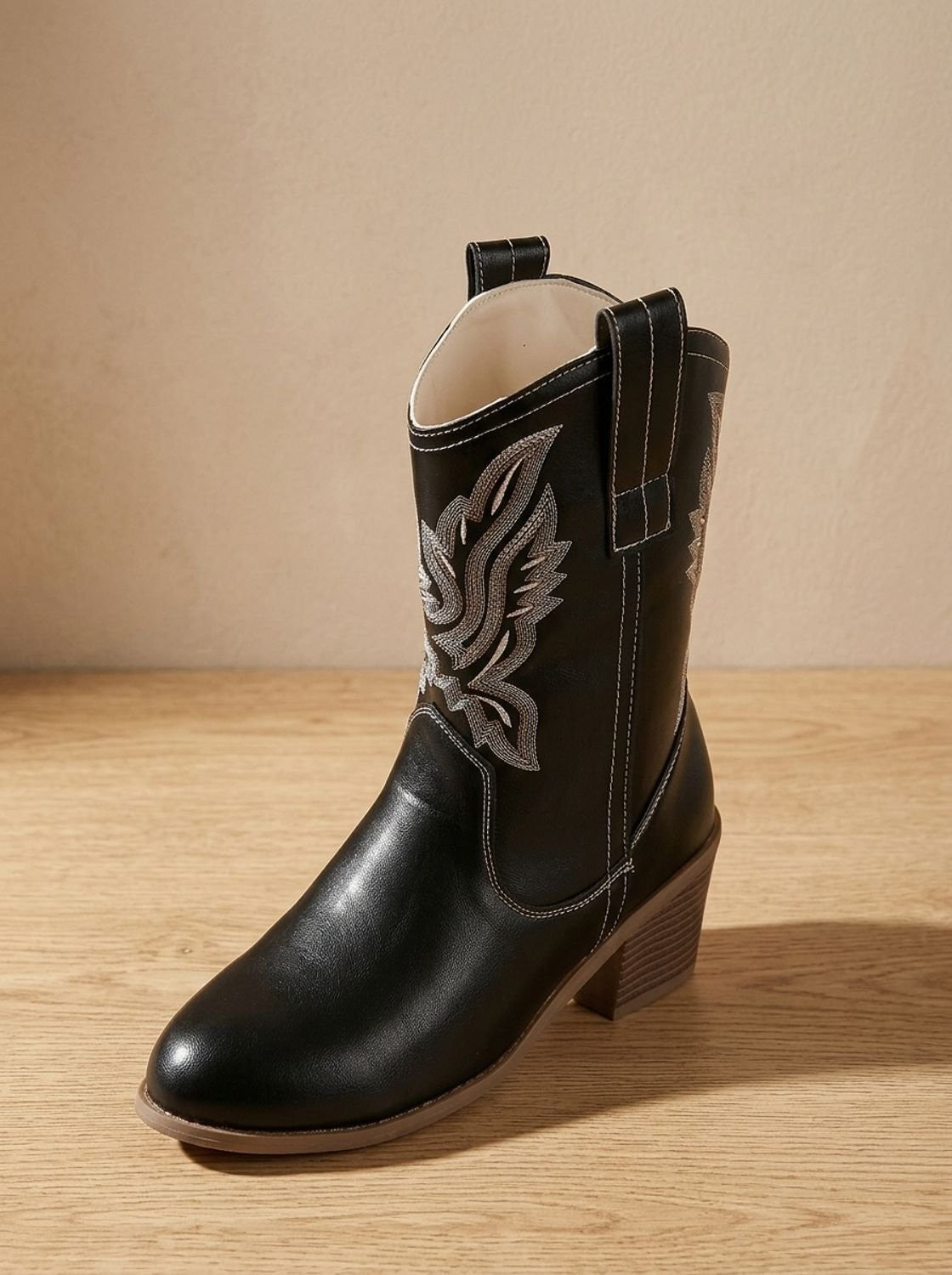 Camille | Bottines Femme Talon Bloc Broderie Western Noir - Noir