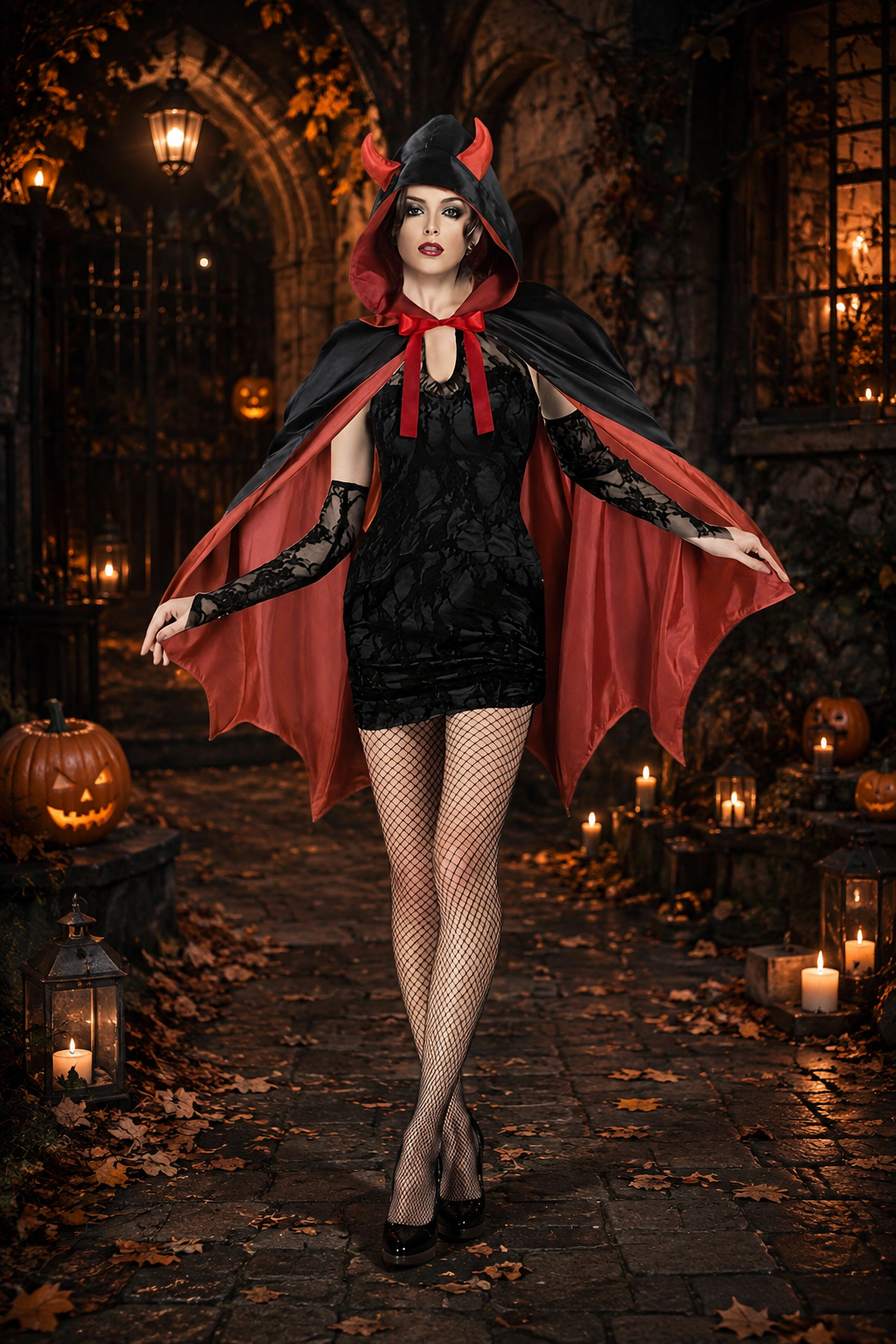 Camille | Déguisement Halloween Femme Cape à Capuche Cornes Lacets Rouges - Rouge