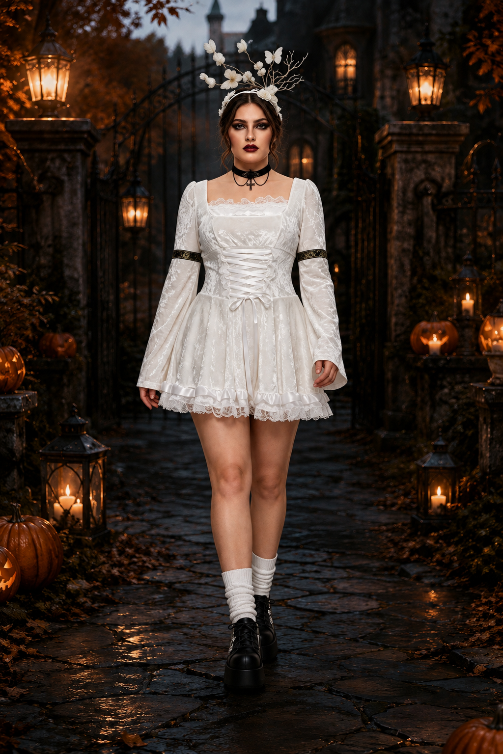 Camille | Déguisement Halloween Femme Robe Corset Velours Dentelle Manches Cloche - Blanc