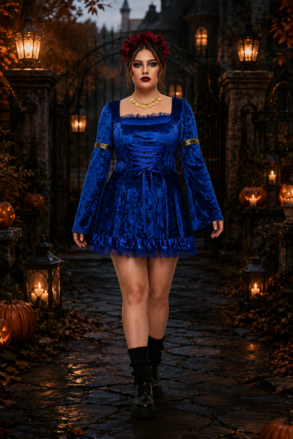 Camille | Déguisement Halloween Femme Robe Corset Velours Dentelle Manches Cloche - Bleu
