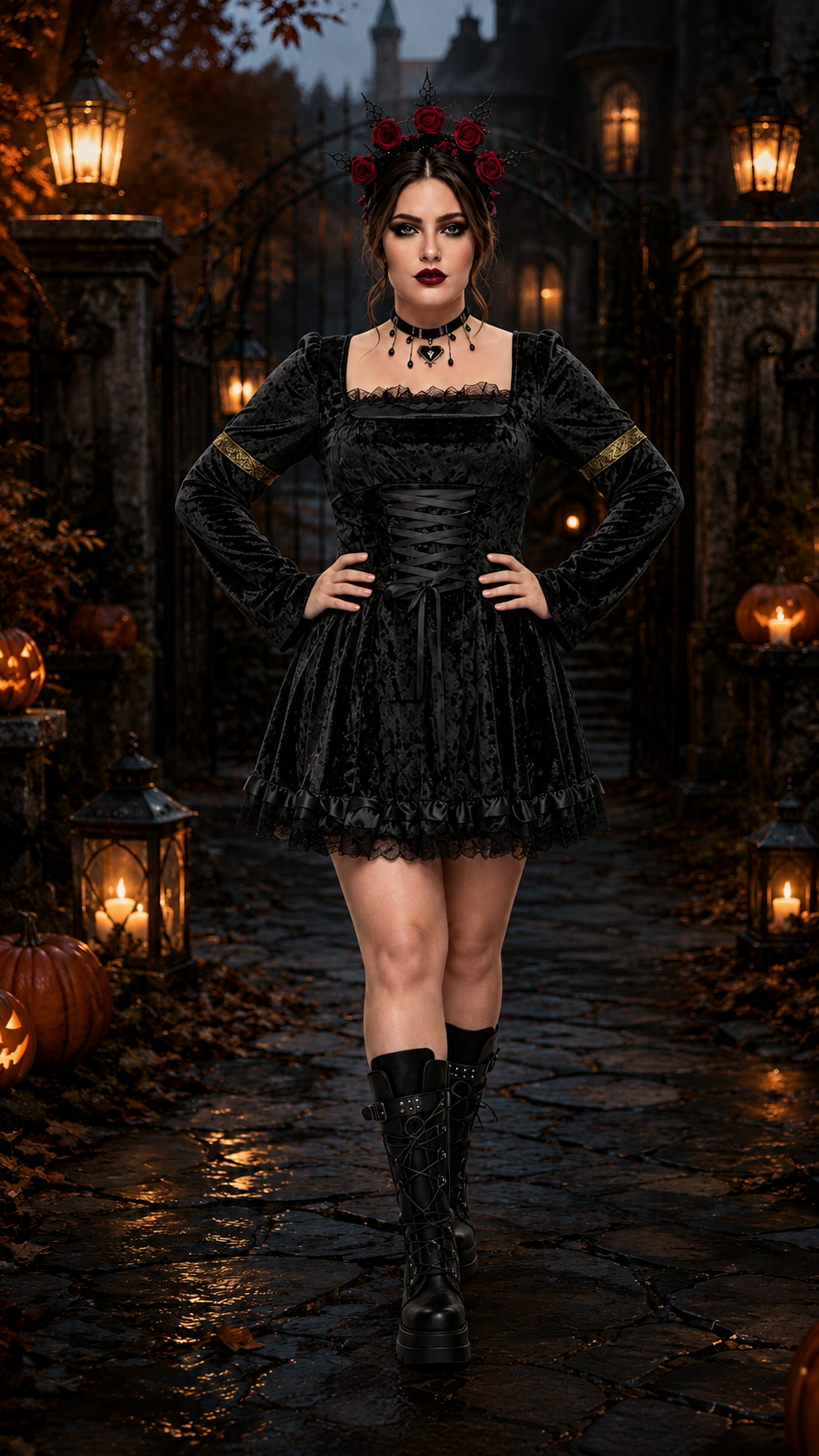 Camille | Déguisement Halloween Femme Robe Corset Velours Dentelle Manches Cloche - Noir