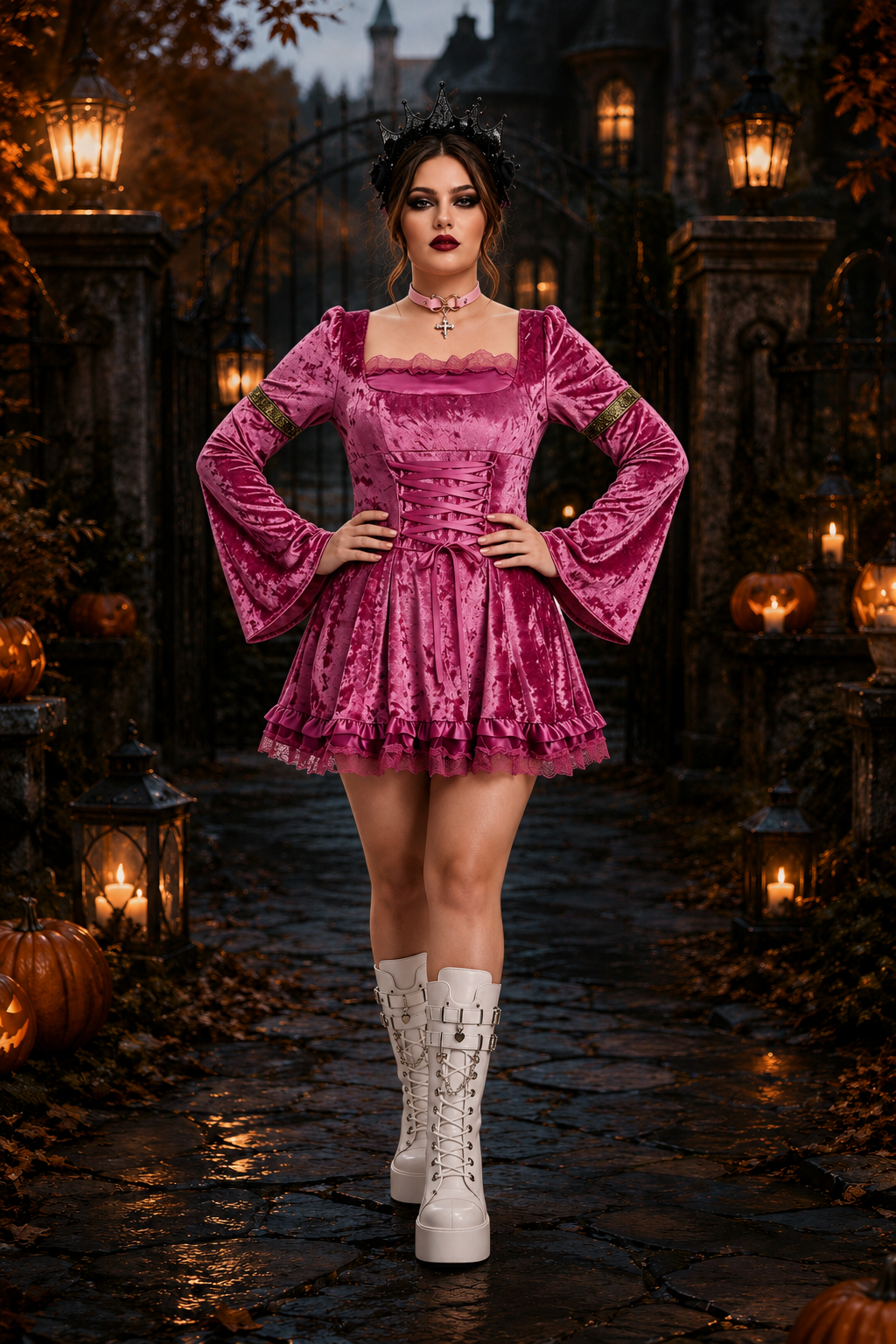 Camille | Déguisement Halloween Femme Robe Corset Velours Dentelle Manches Cloche - Rose
