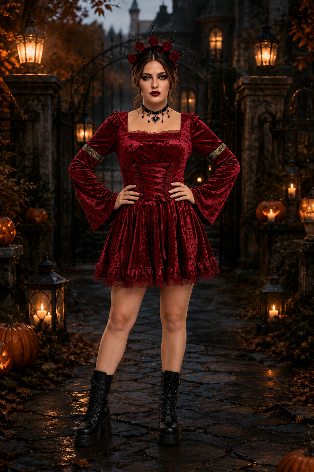 Camille | Déguisement Halloween Femme Robe Corset Velours Dentelle Manches Cloche - Rouge