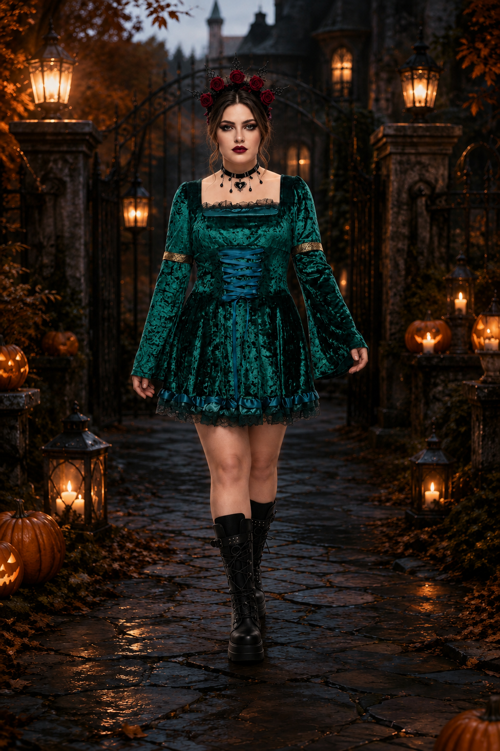 Camille | Déguisement Halloween Femme Robe Corset Velours Dentelle Manches Cloche - Vert