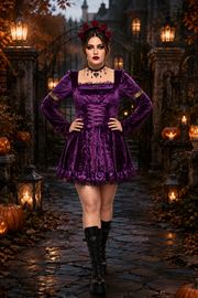 Camille | Déguisement Halloween Femme Robe Corset Velours Dentelle Manches Cloche - Violet