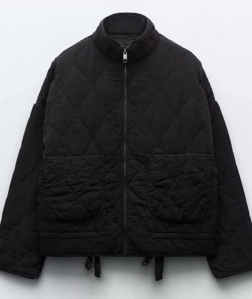 Camille | Dames Veste Matelassée Avant Poches Raglan Cordon Réglable - Noir