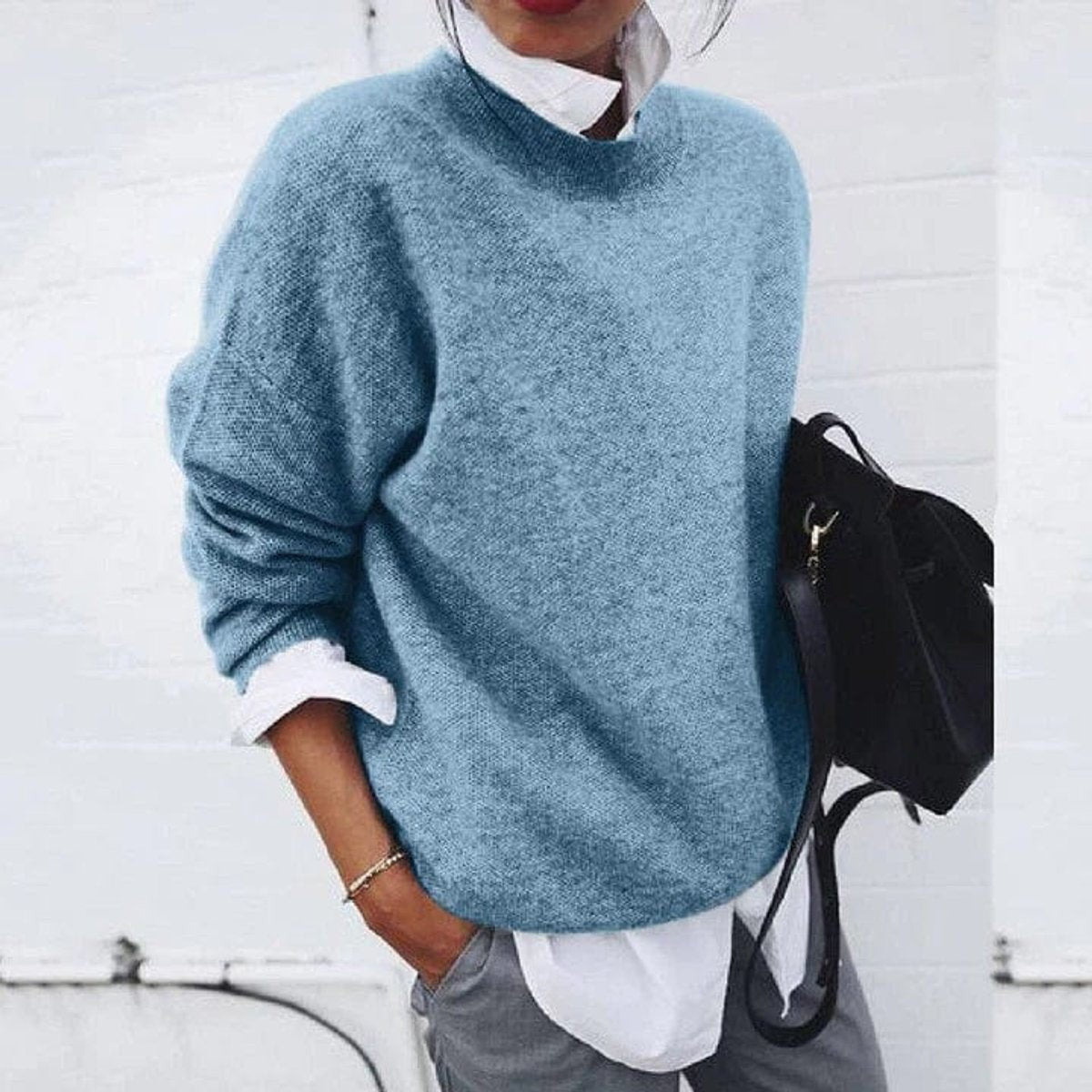 Camille | Pull Oversize Coupe Décontractée Encolure Équipage Dames - Bleu
