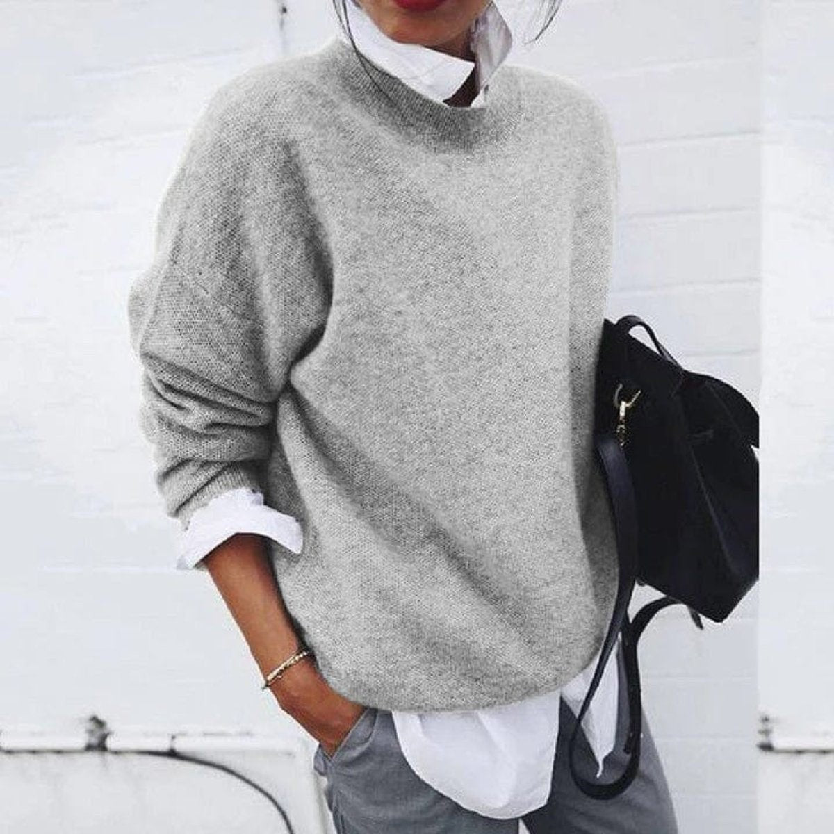 Camille | Pull Oversize Coupe Décontractée Encolure Équipage Dames - Gris