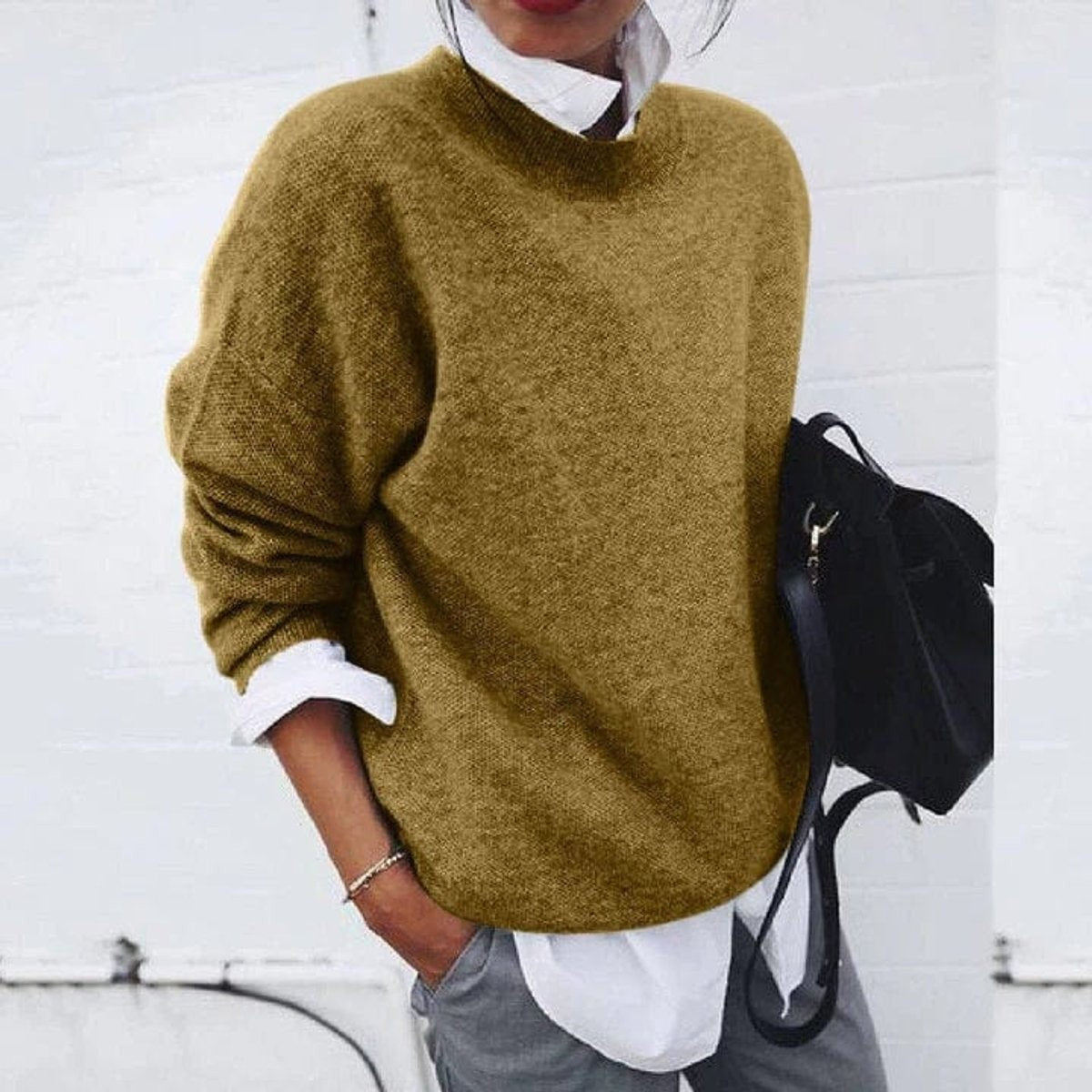 Camille | Pull Oversize Coupe Décontractée Encolure Équipage Dames - Kaki