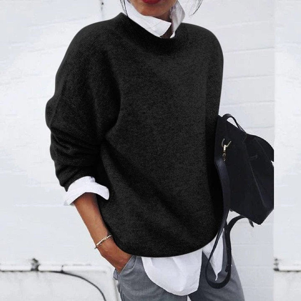 Camille | Pull Oversize Coupe Décontractée Encolure Équipage Dames - Noir