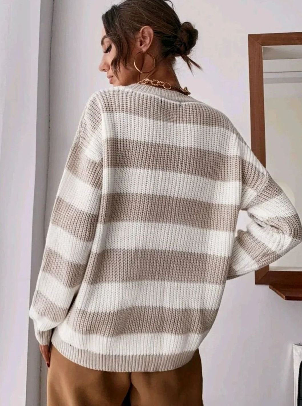 Camille | Pull pour Femme Coupe Ample Rayures Horizontales Col Rond Tricot Épais - Abricot