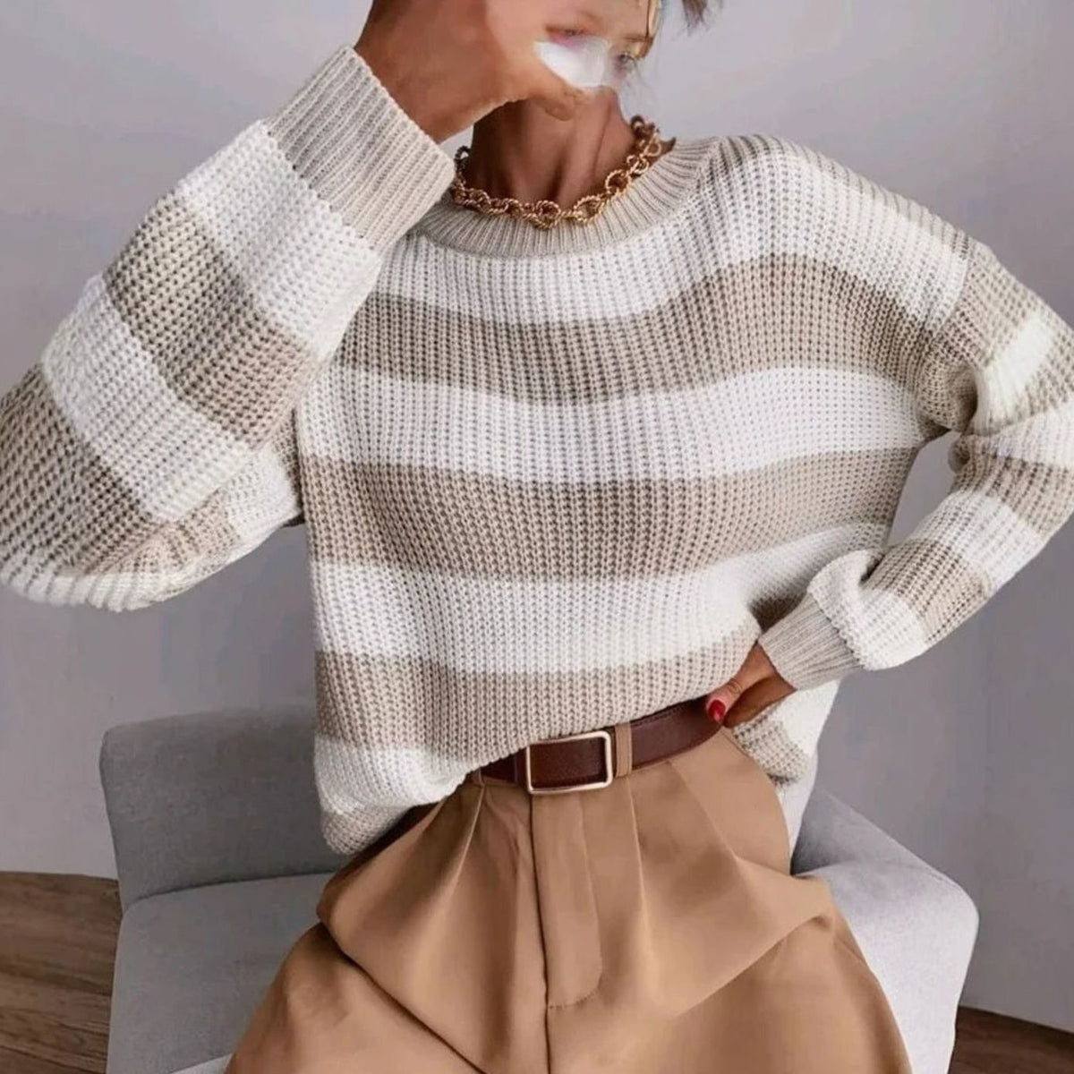 Camille | Pull pour Femme Coupe Ample Rayures Horizontales Col Rond Tricot Épais - Marron