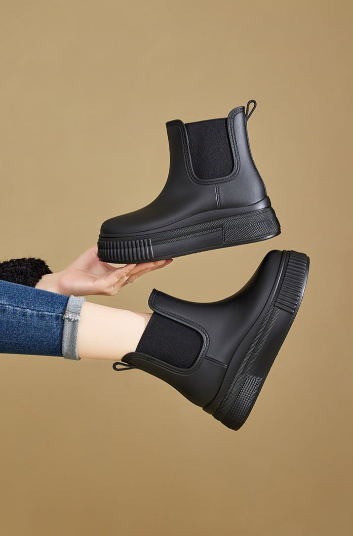 Charlotte | Bottes Femme Plateforme Talon Épais Tige Élastique Imperméable - Noir