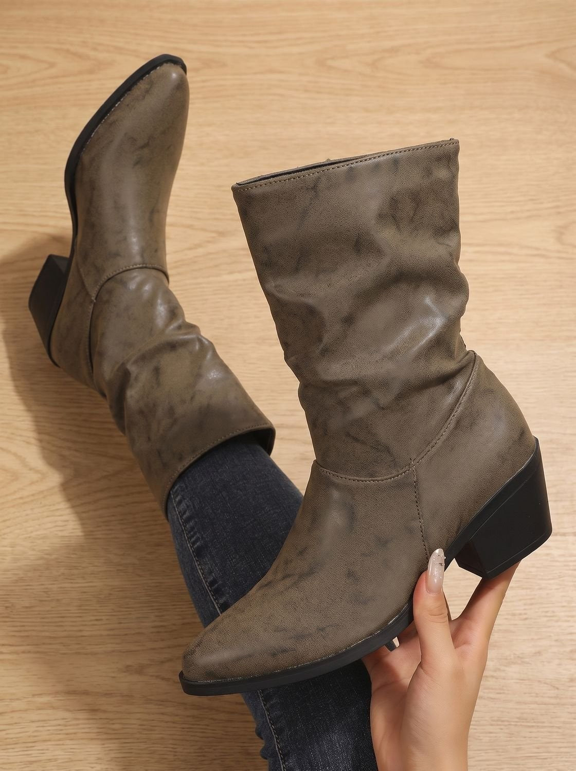 Charlotte | Bottines Femme Slouch simili-cuir Talon Large Pointe Arrondie - Kaki