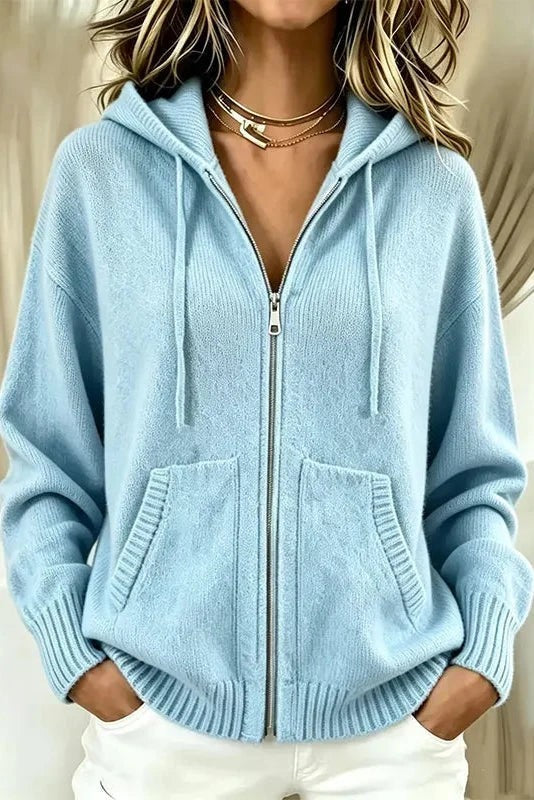 Charlotte | Gilet Femme Ample à Capuche Fermeture Zippée Maille Douce - Bleu