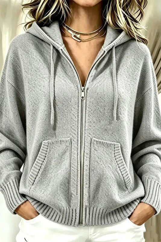 Charlotte | Gilet Femme Ample à Capuche Fermeture Zippée Maille Douce - Gris