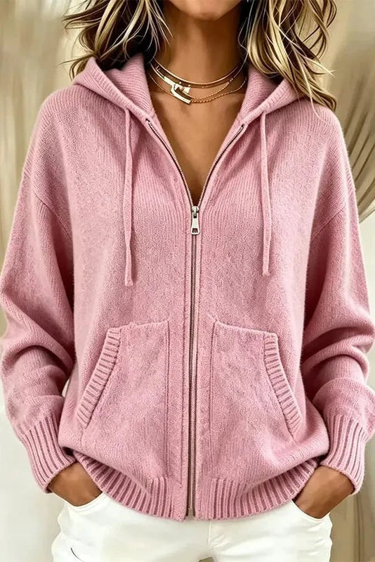 Charlotte | Gilet Femme Ample à Capuche Fermeture Zippée Maille Douce - Rose