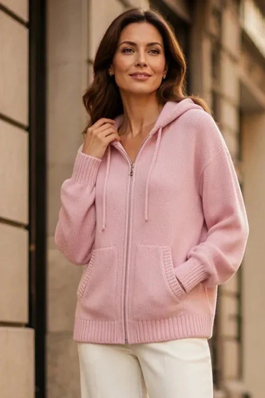 Charlotte | Gilet Femme Ample à Capuche Fermeture Zippée Maille Douce - Rose