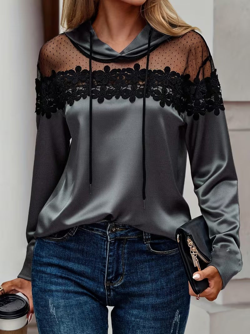 Charlotte | Pour Femme Haut à Capuche Dentelle Maille Transparente Manches Longues - Gris