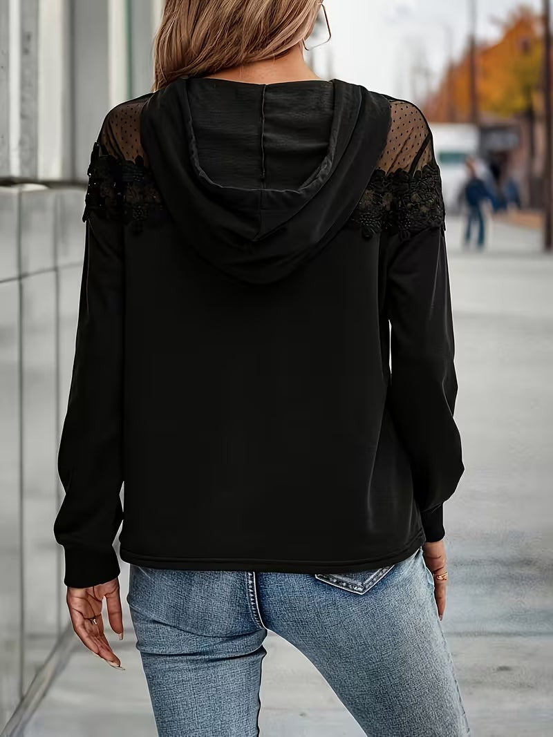 Charlotte | Pour Femme Haut à Capuche Dentelle Maille Transparente Manches Longues - Noir