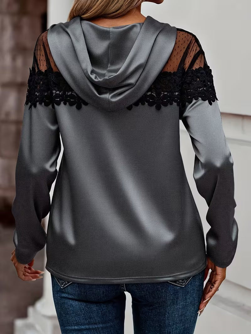 Charlotte | Pour Femme Haut à Capuche Dentelle Maille Transparente Manches Longues - Noir