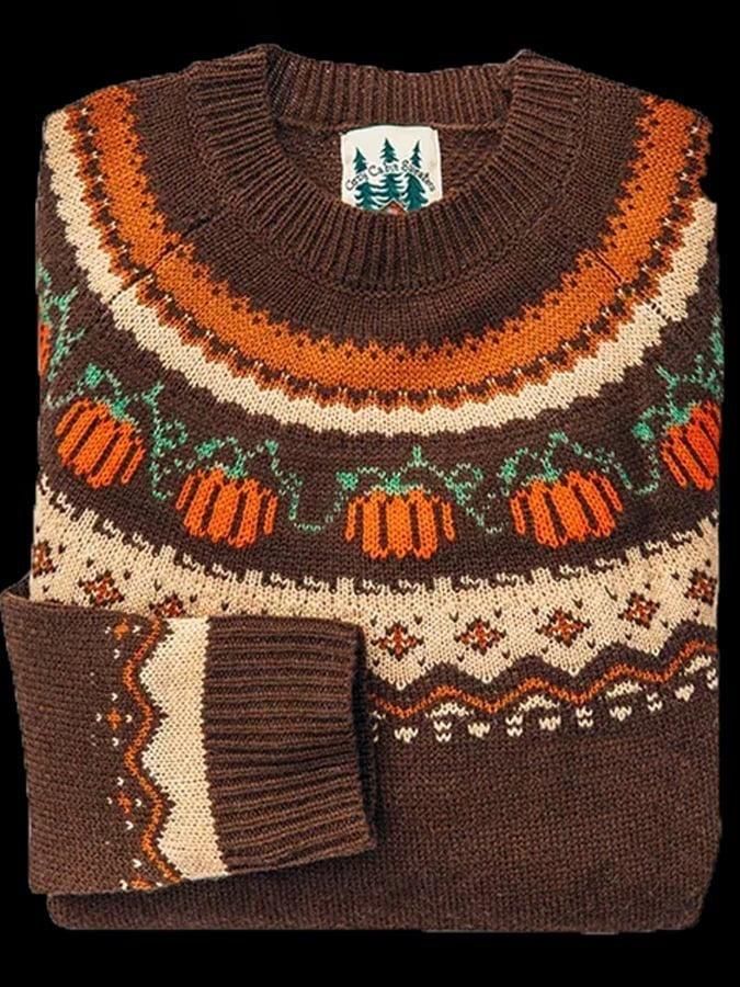 Charlotte | Pull Déguisement Halloween Femme Fair Isle Motifs Festifs Manches Longues - Citrouille Fair Isle