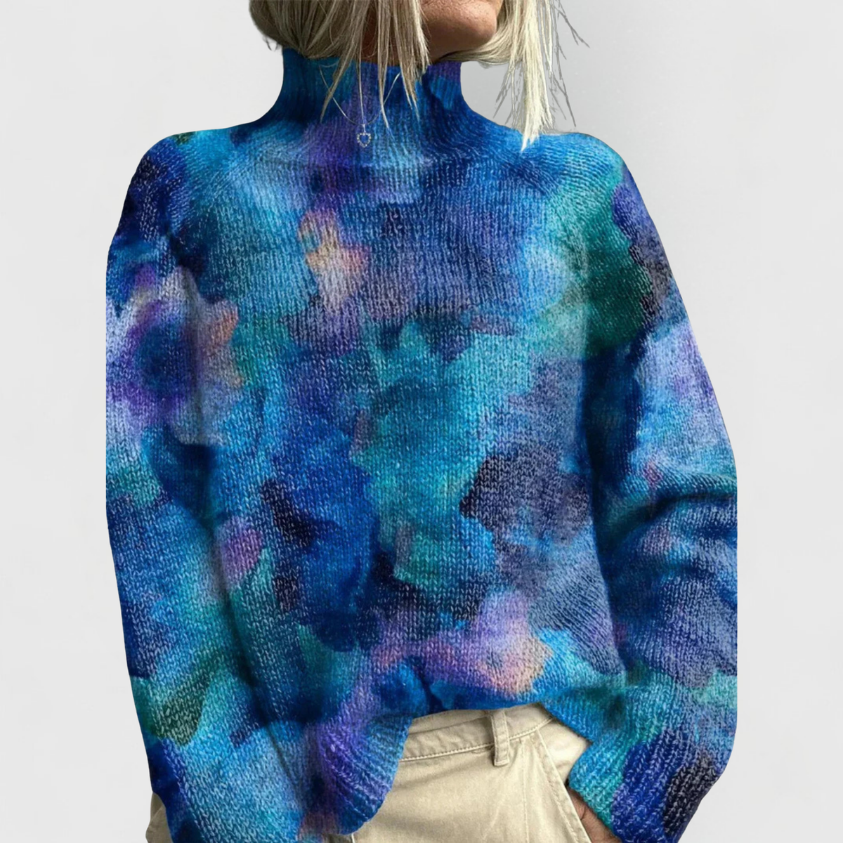 Charlotte | Pull pour Femme Coupe Ample Col Roulé Imprimé Côtes Côtelées - Bleu