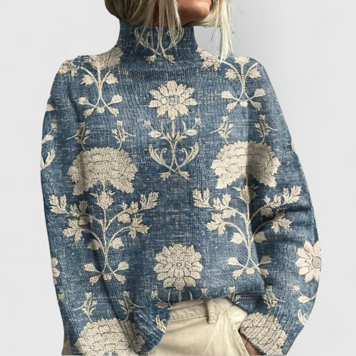 Charlotte | Pull pour Femme Coupe Ample Col Roulé Imprimé Côtes Côtelées - Bleu Clair