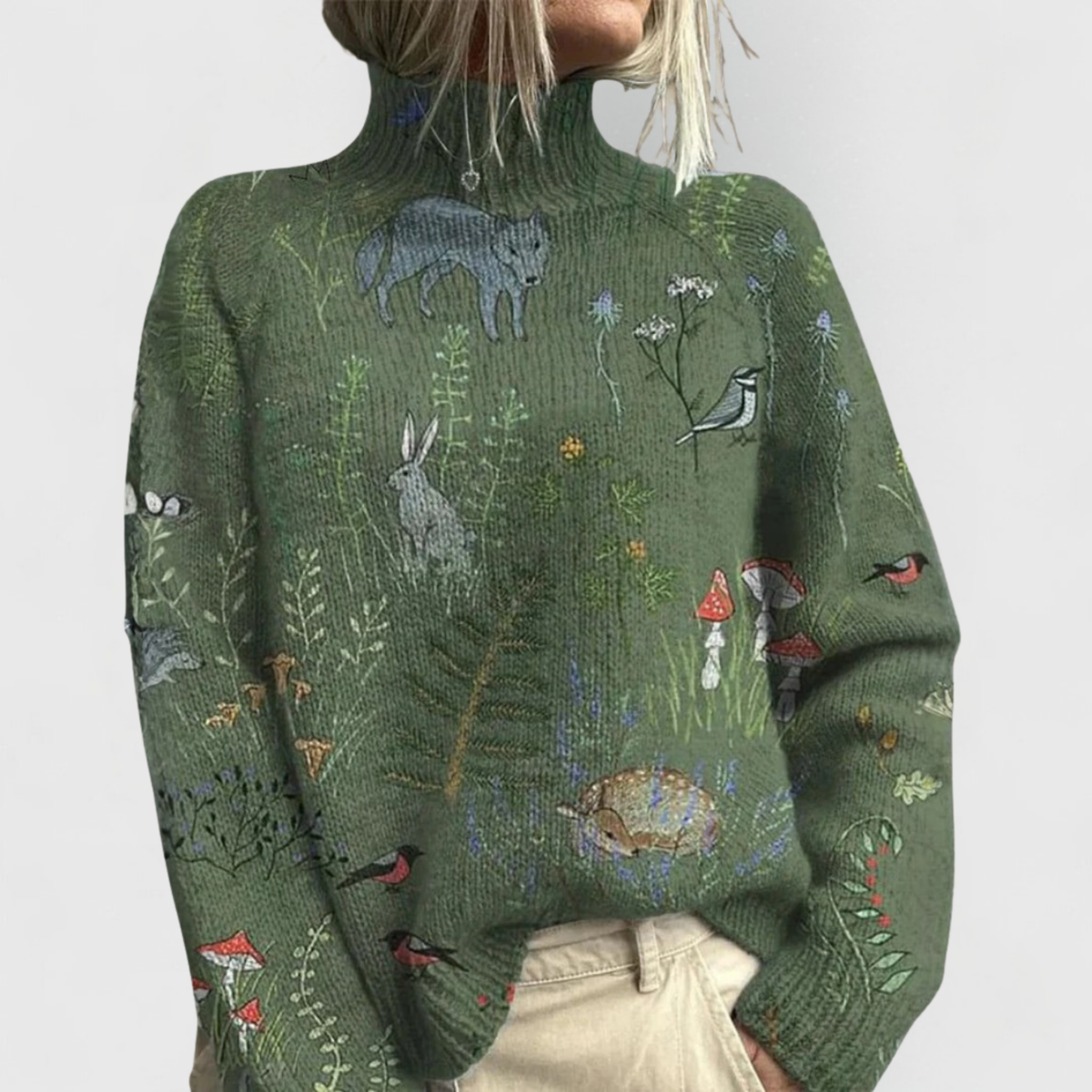 Charlotte | Pull pour Femme Coupe Ample Col Roulé Imprimé Côtes Côtelées - Vert