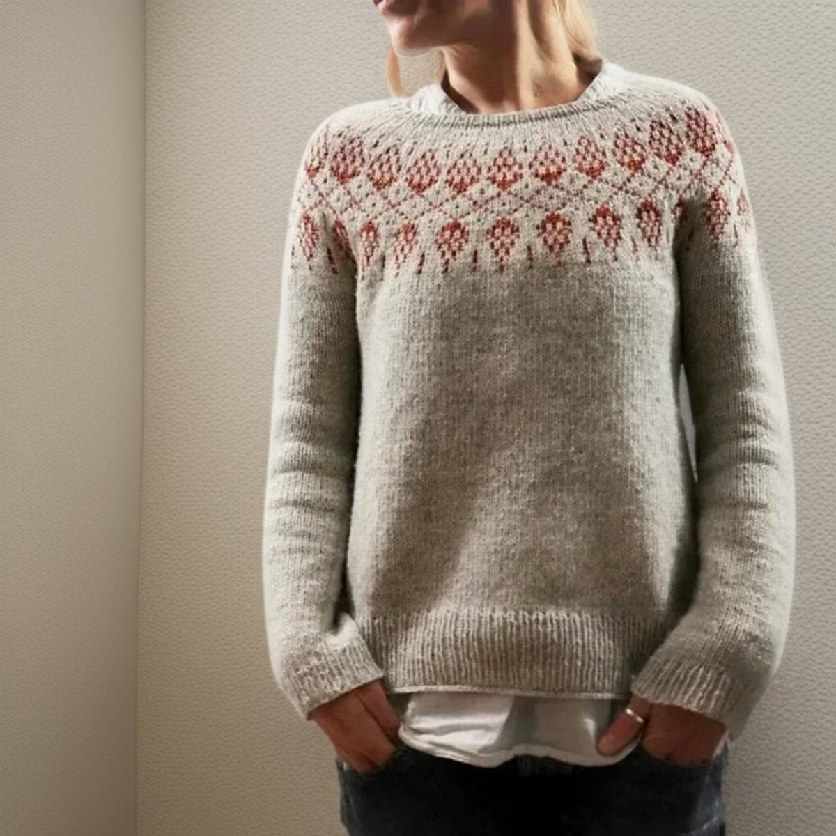 Charlotte | Pull pour Femme Jacquard Fair Isle Coupe Ample Col Rond - Gris