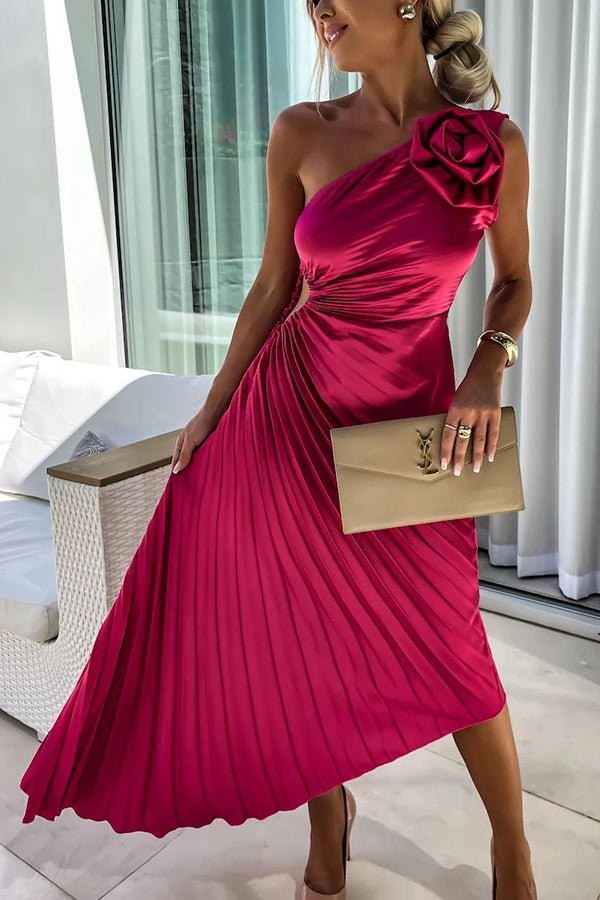 Charlotte | Robe Maxi Femme Monoépaule Plissée Détail Floral - Rouge