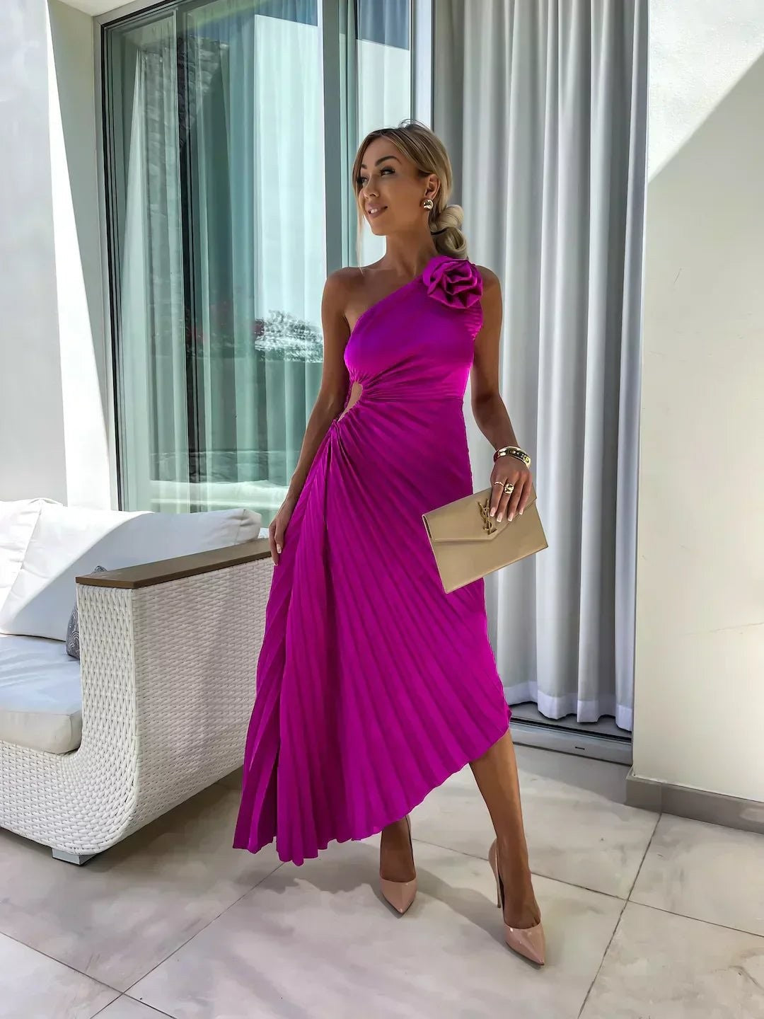 Charlotte | Robe Maxi Femme Monoépaule Plissée Détail Floral - Violet