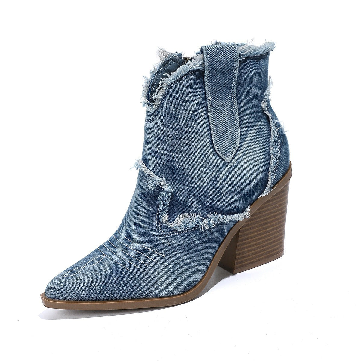 Chloe | Bottes Cowboy Femme Denim Effiloché Bout Pointu Talon Bloc - Bleu