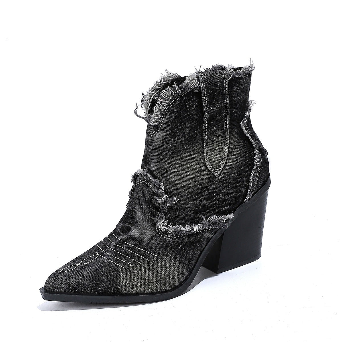 Chloe | Bottes Cowboy Femme Denim Effiloché Bout Pointu Talon Bloc - Noir