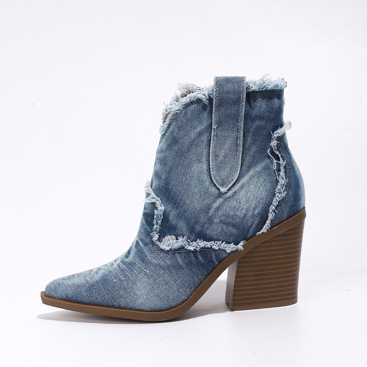 Chloe | Bottes Cowboy Femme Denim Effiloché Bout Pointu Talon Bloc - Noir