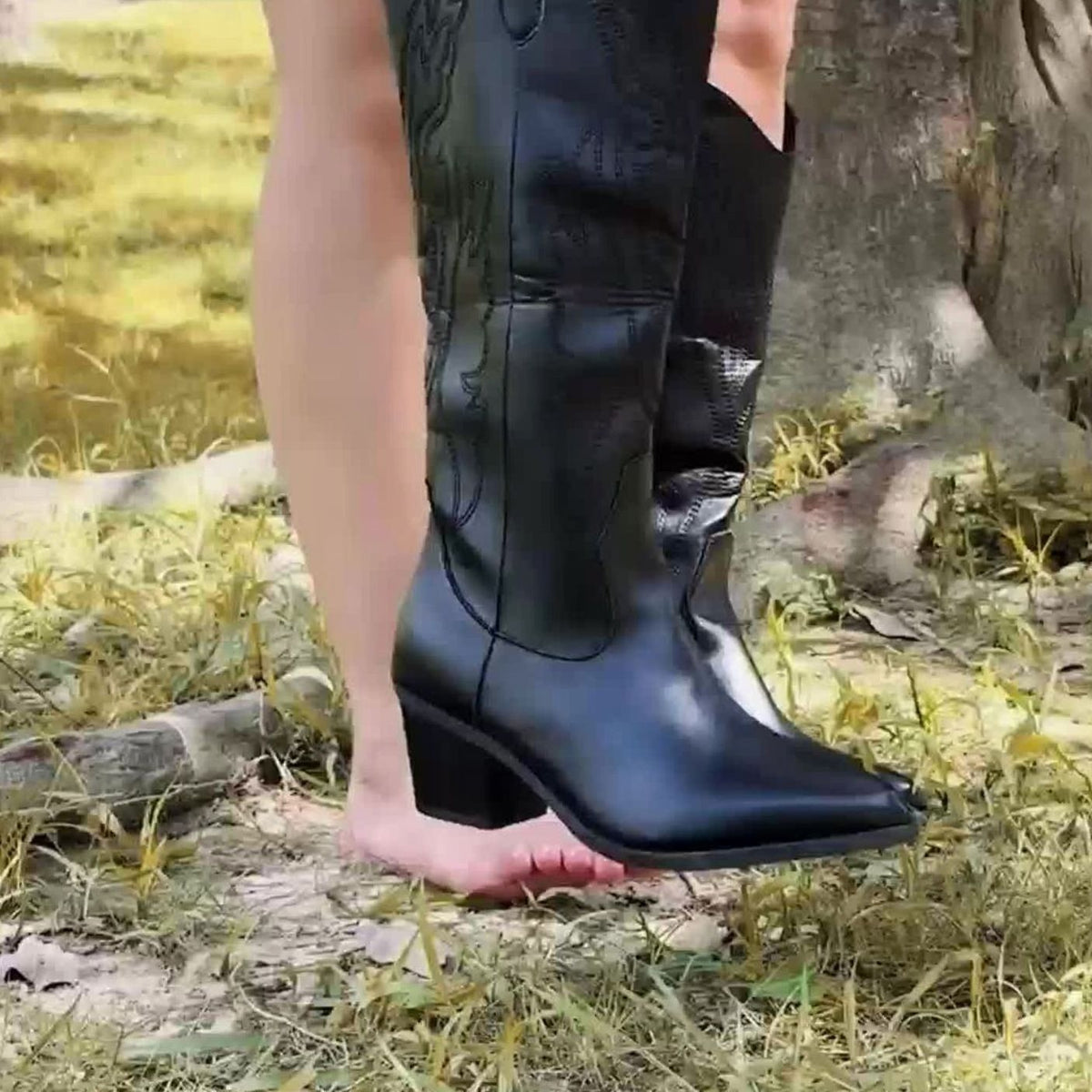 Chloe | Bottes Femme Tige Large Broderies Western Talon Bloc - Noir
