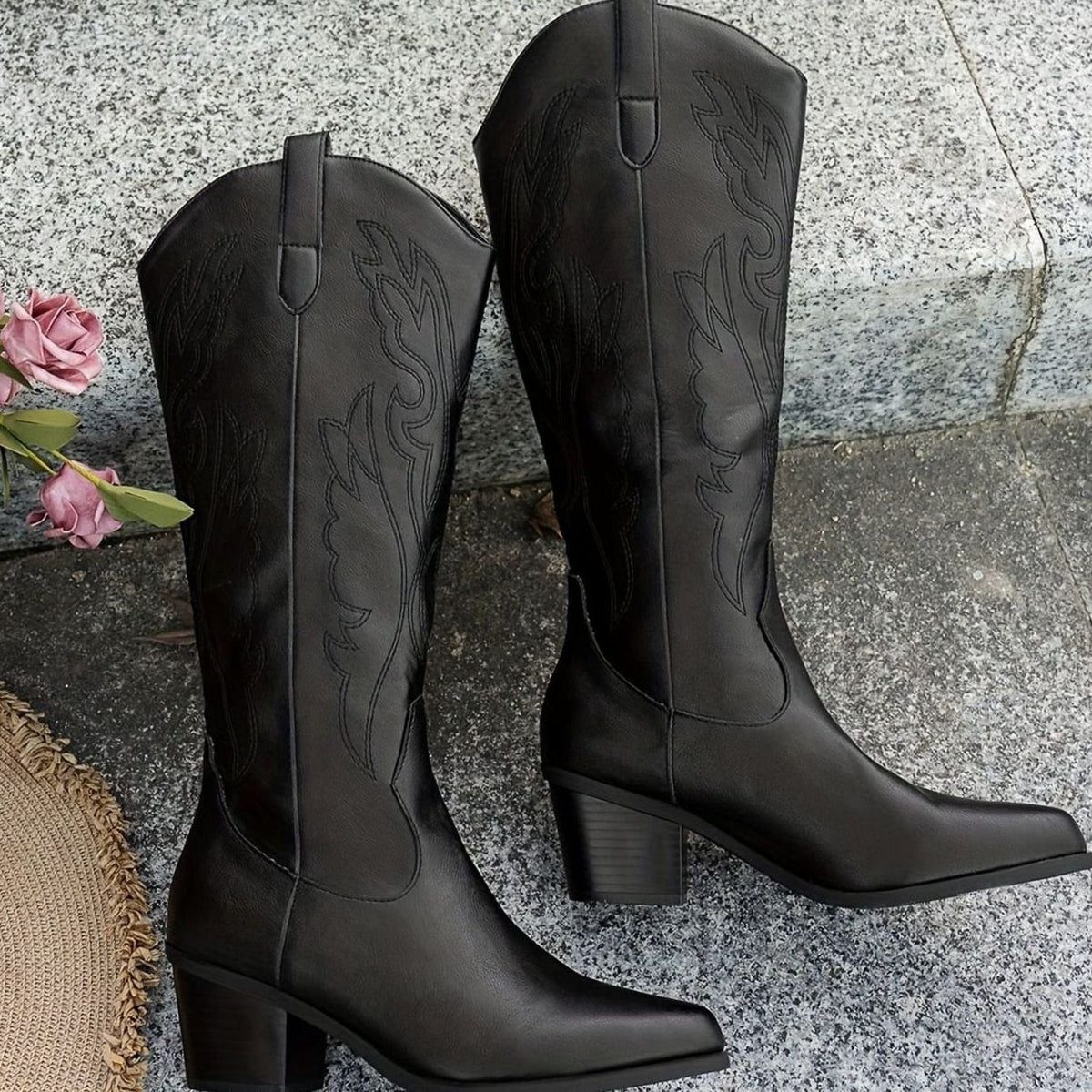 Chloe | Bottes Femme Tige Large Broderies Western Talon Bloc - Noir
