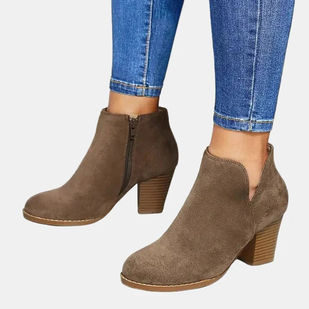Chloe | Dames Bottines Daim Talon Bloc Fermeture Éclair - Beige