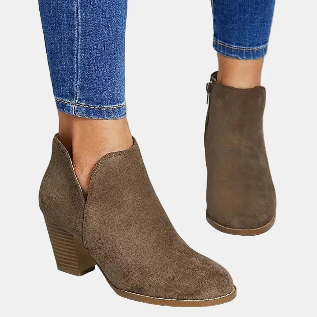 Chloe | Dames Bottines Daim Talon Bloc Fermeture Éclair - Beige