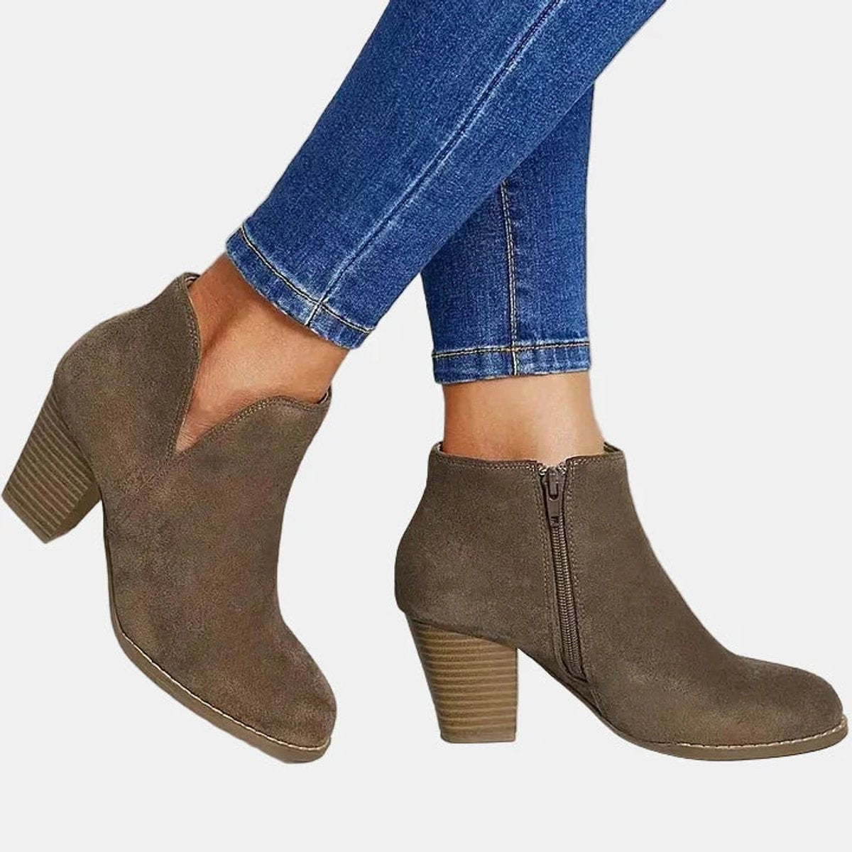 Chloe | Dames Bottines Daim Talon Bloc Fermeture Éclair - Beige