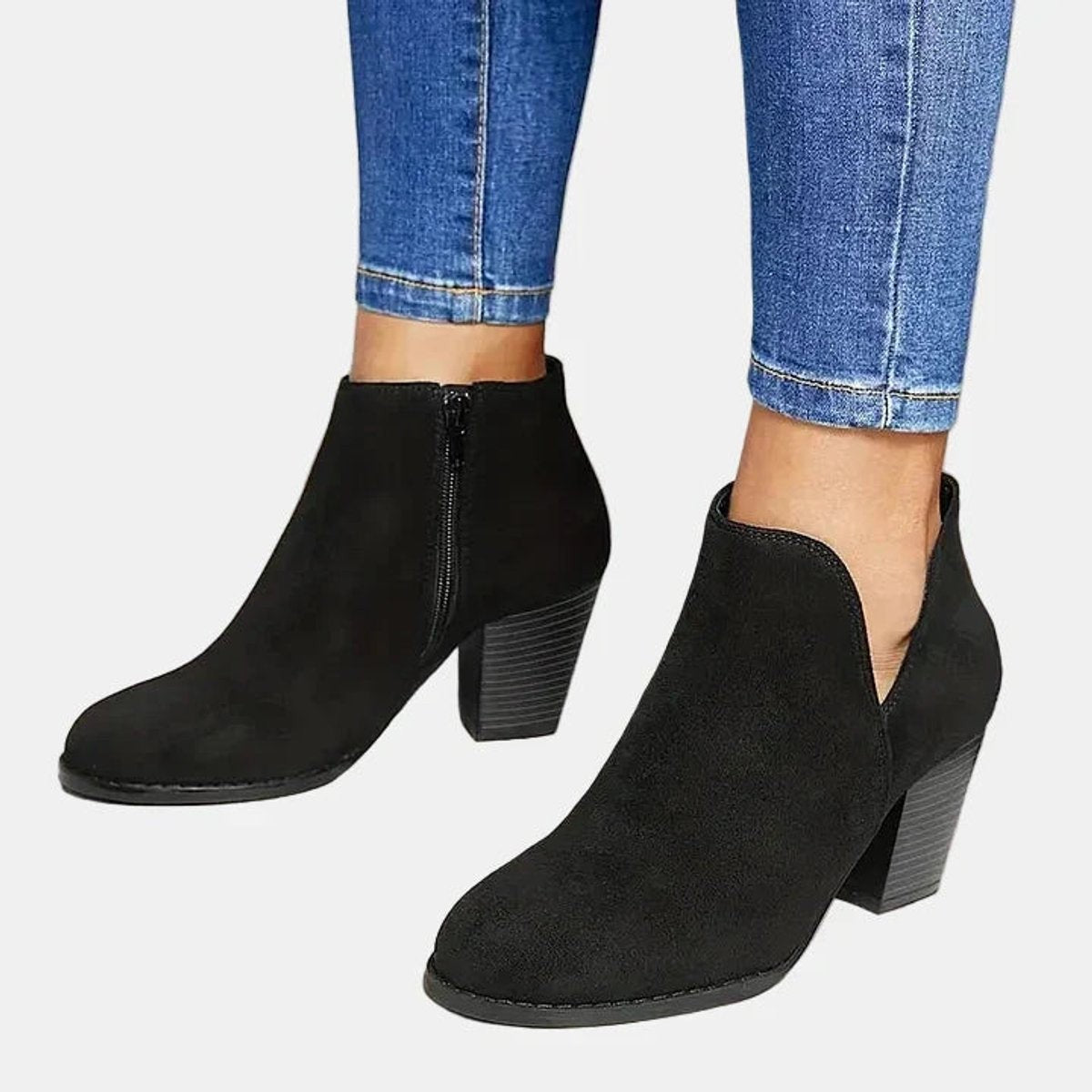 Chloe | Dames Bottines Daim Talon Bloc Fermeture Éclair - Noir