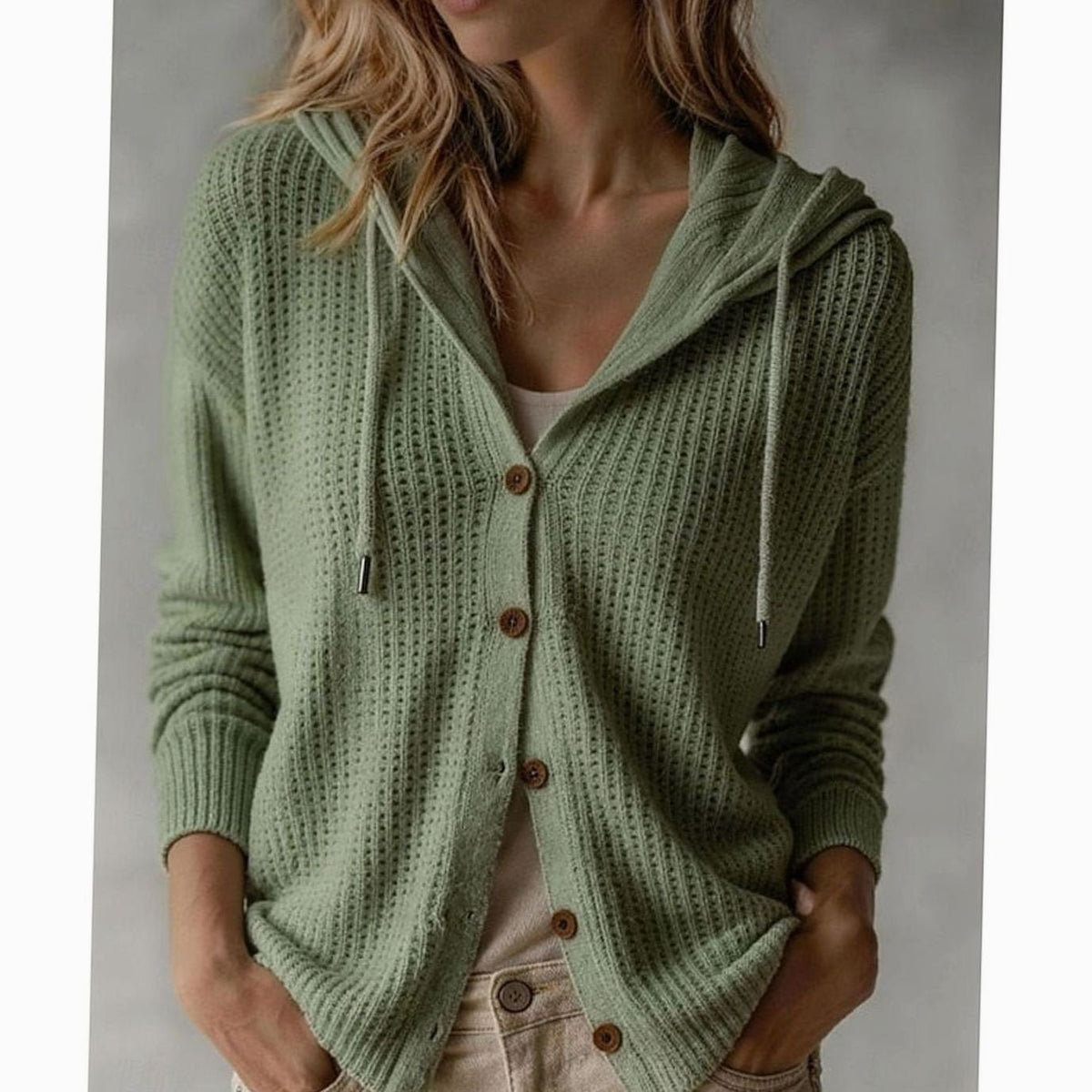 Chloe | Gilet pour Femme Coupe Décontractée Capuche Tricot Gaufré Boutons - Vert