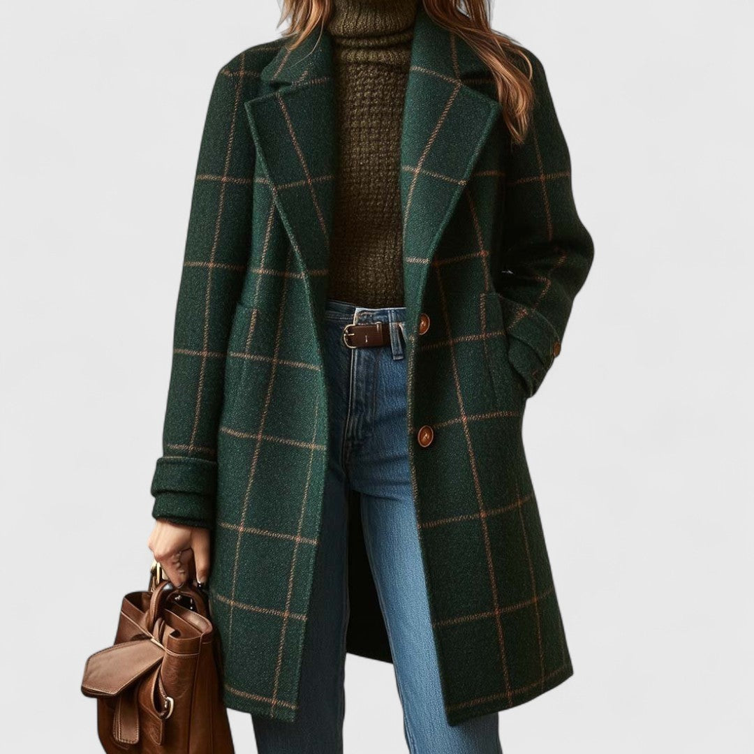 Chloe | Manteau Femme Motif Carreaux Boutonnage Devant Coupe Structurée - Vert
