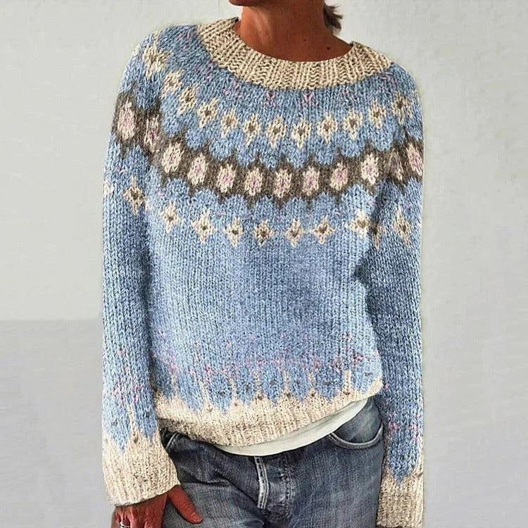 Chloe | Pull de noël pour Femme Col Rond Motif Renne Tricot Coupe Ample - Bleu