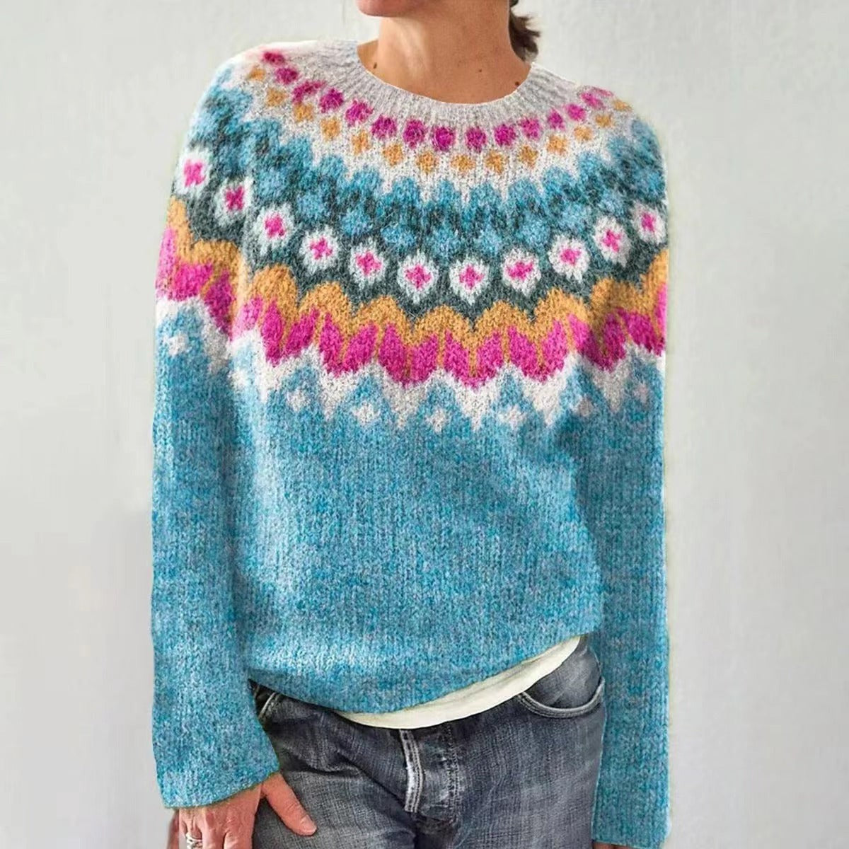 Chloe | Pull de noël pour Femme Col Rond Motif Renne Tricot Coupe Ample - Bleu
