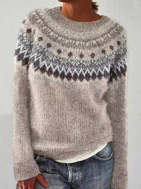 Chloe | Pull de noël pour Femme Col Rond Motif Renne Tricot Coupe Ample - Marron