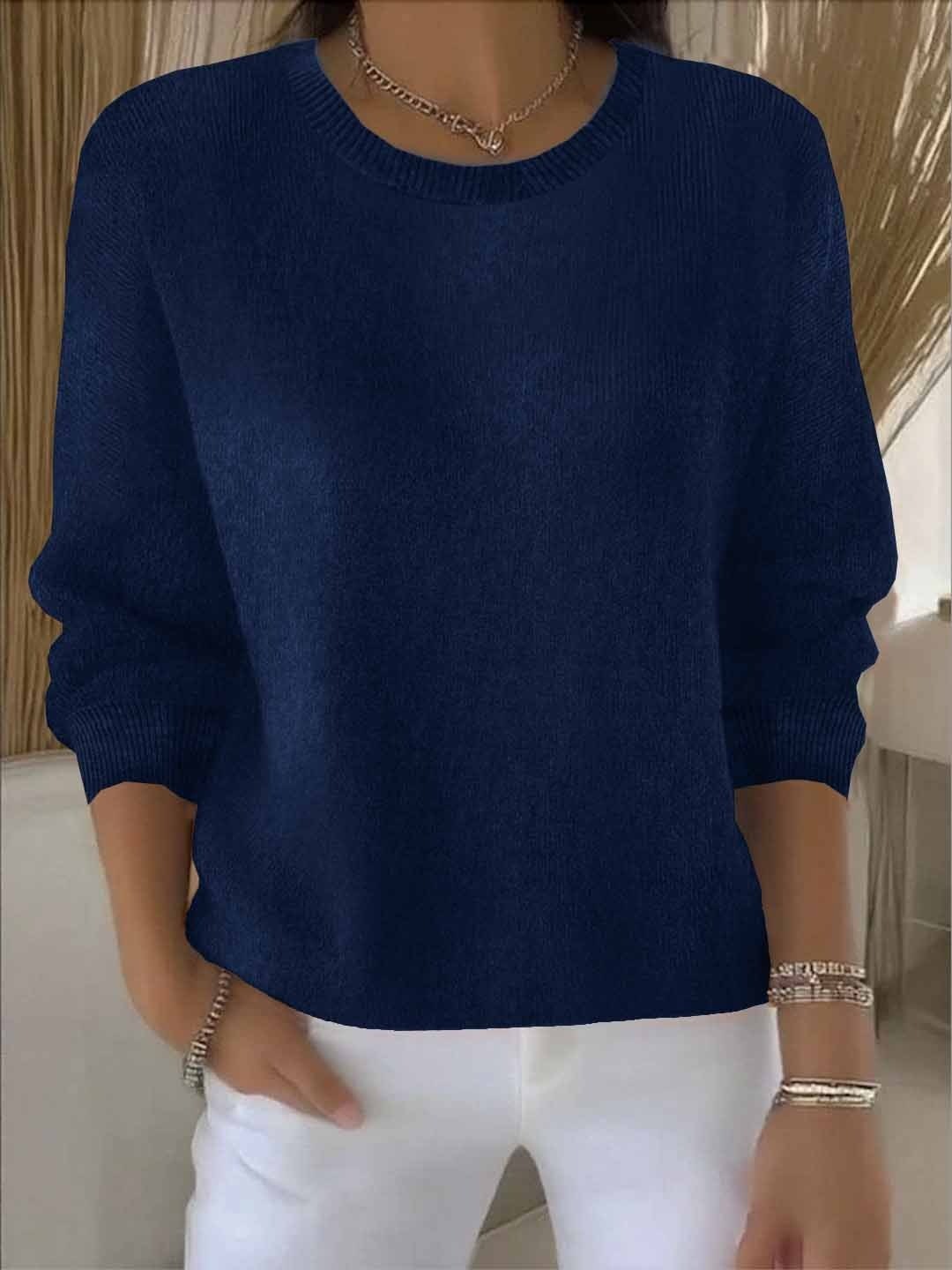 Chloe | Pull pour Femme Coupe Ample Manches Chauve-Souris Côtelé Encolure Équipage - Bleu Marine