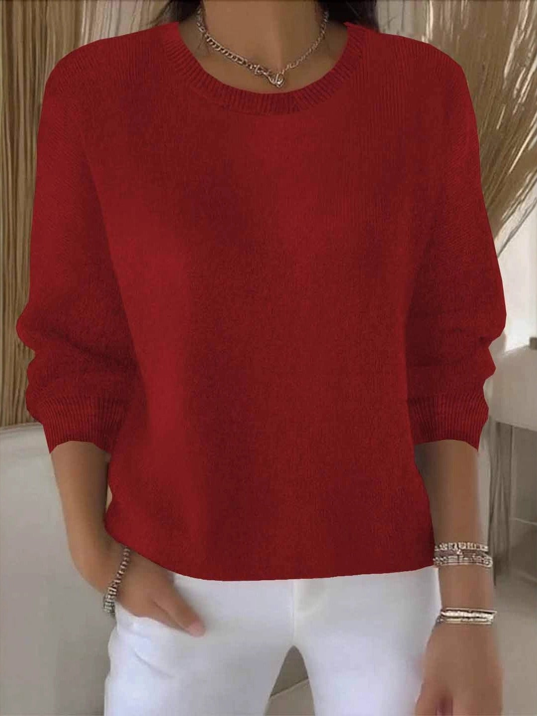 Chloe | Pull pour Femme Coupe Ample Manches Chauve-Souris Côtelé Encolure Équipage - Rouge